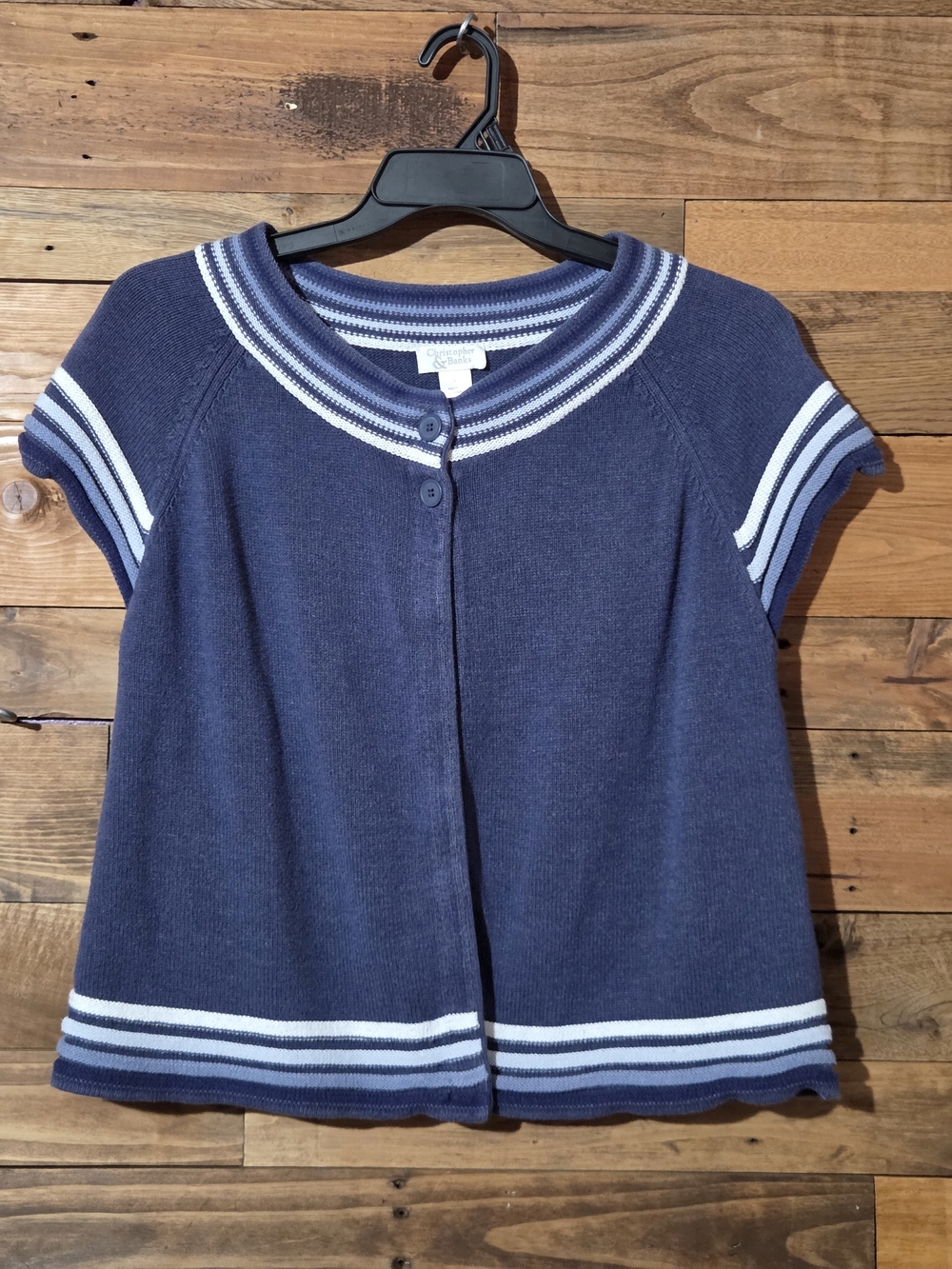 Christopher & Banks Navy and White Striped Short Sleeve Cardigan